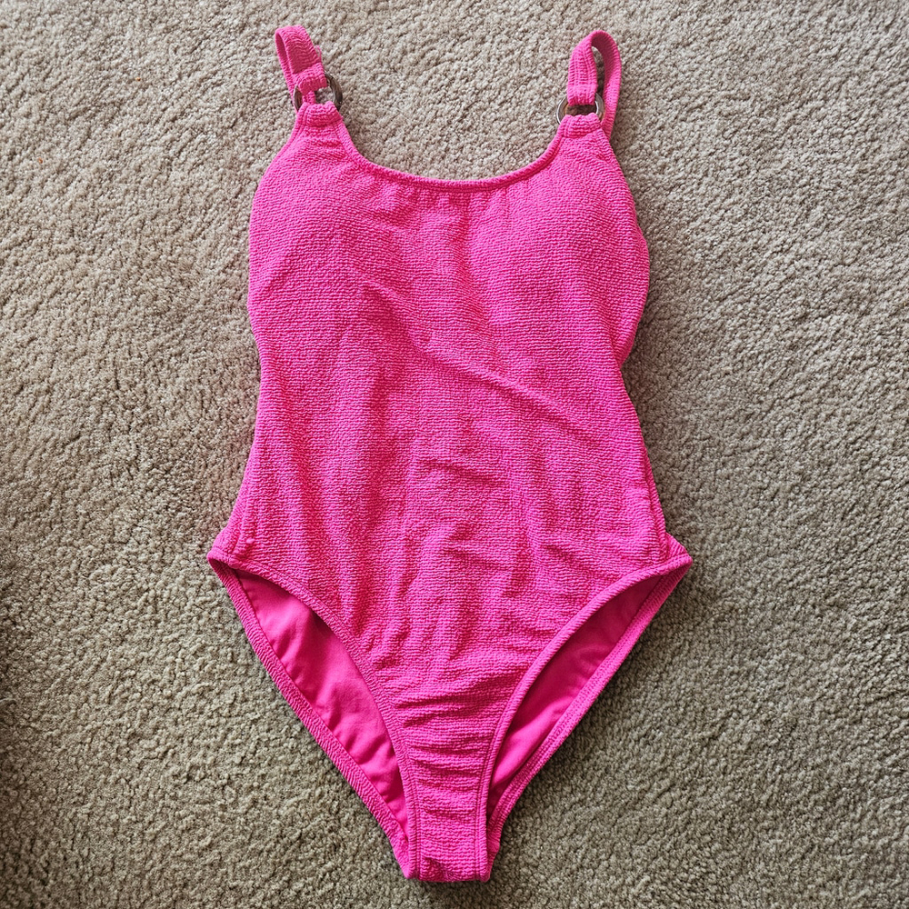 Women's Pink Square Neck One Piece Swimsuit Small